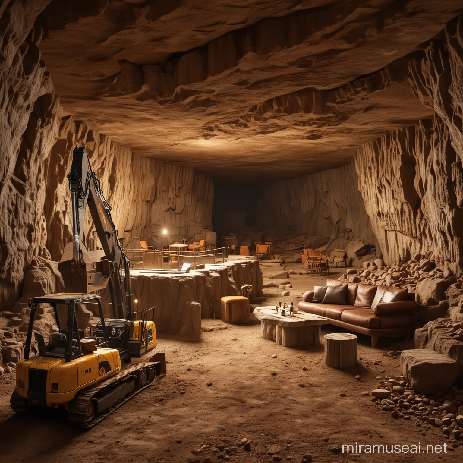 Create an image of a basic cigar lounge in a cave carved into a cliff side by a mini excavator
