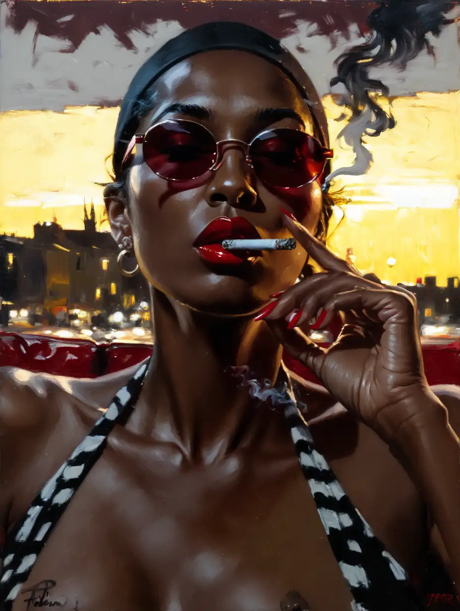 (naked:1.3) mixed woman  , cooper hair , red beret , sunglasses , smoking cigarette , (night scene:1.3) , painting style  expressionism , jagged lines, painting by (Fabian Perez:1.3)