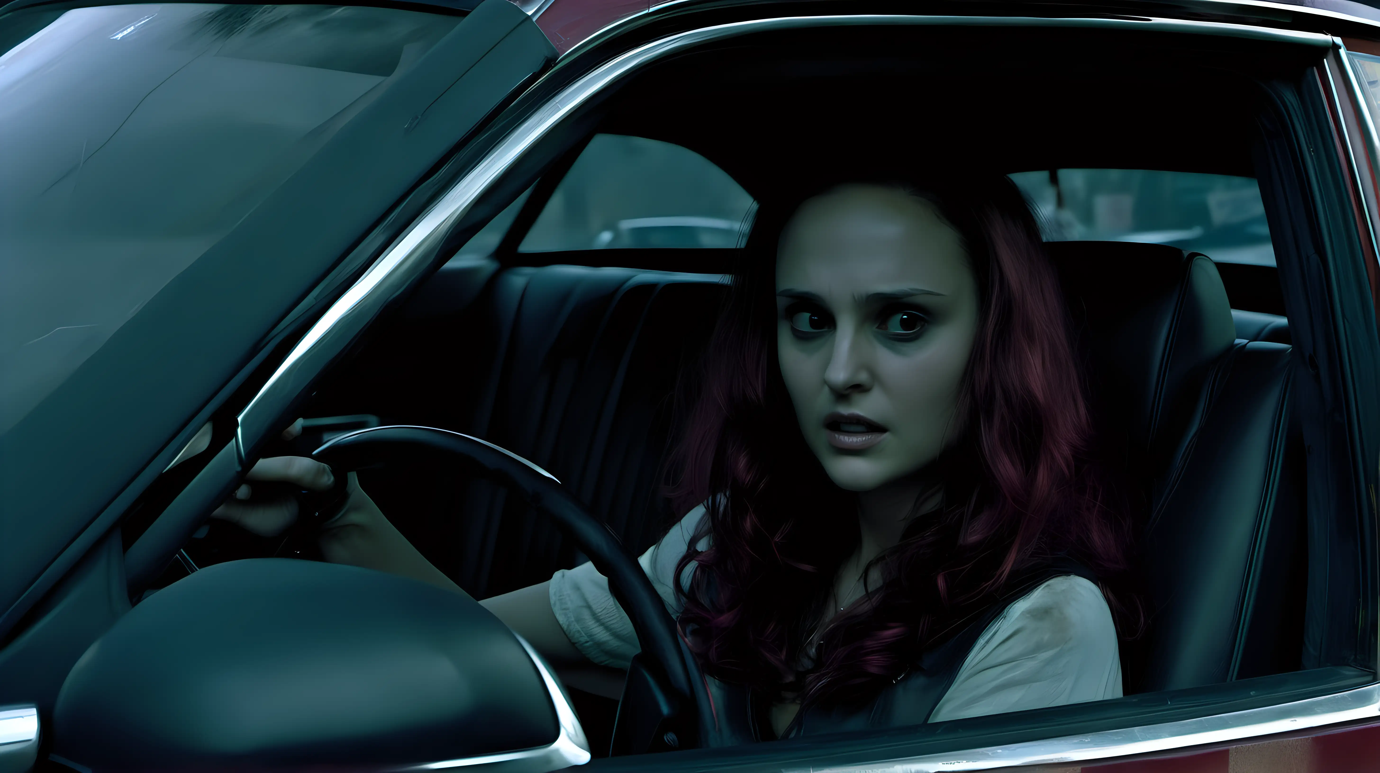 Subject: A young woman, embodying fear

Setting: Inside a car, situated on a dimly lit street

Background: The scene is primarily inside the car, with a clear view of the driver's seat and the steering wheel

Style/Coloring: The atmosphere is charged with tension, featuring shadowy and subdued lighting to enhance the suspense

Action: The woman is seen gazing out the window in fear

Items: The car's interior, especially the visible steering wheel, contributes to the feeling of confinement and anxiety

Costume/Appearance: The woman, resembling a 40-year-old Natalie Portman, has striking dark red hair, obviously dyed, which adds a unique characteristic to her appearance

Accessories: An approaching biker, seen through the car window, serves as an accessory, adding to the suspense and sense of impending interaction