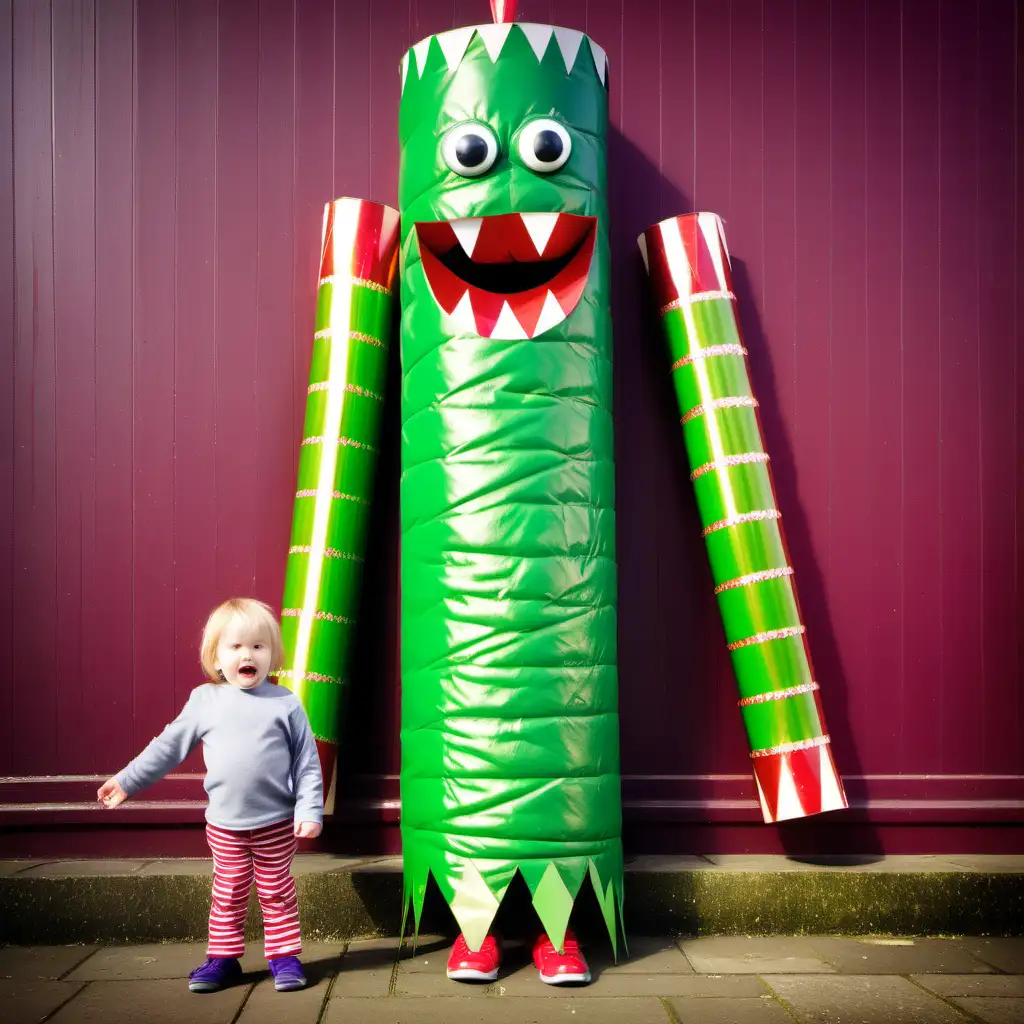 Adventurous Toddler Confronts Enormous Festive Cracker Creature