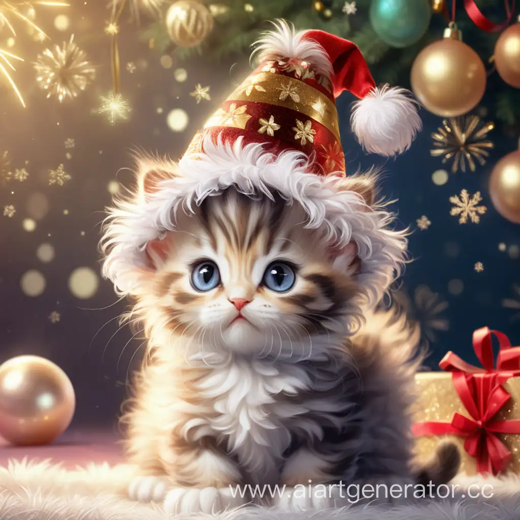милый котенок в новогодней шапочке, пушистый, сказочный.