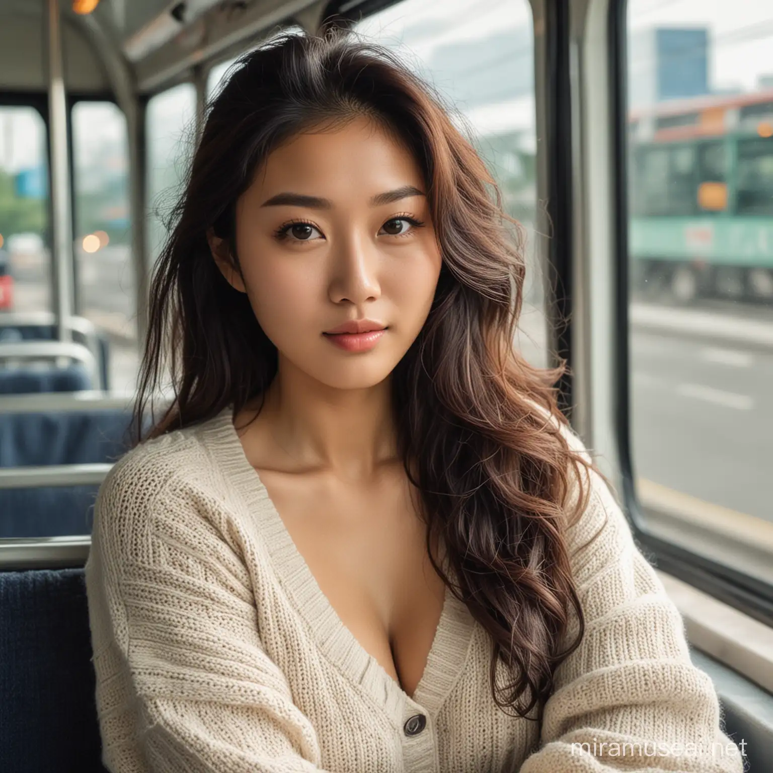 A beauty asian woman, nice boobs, wavy hair, knit clothe, sitting, inside bus, morning