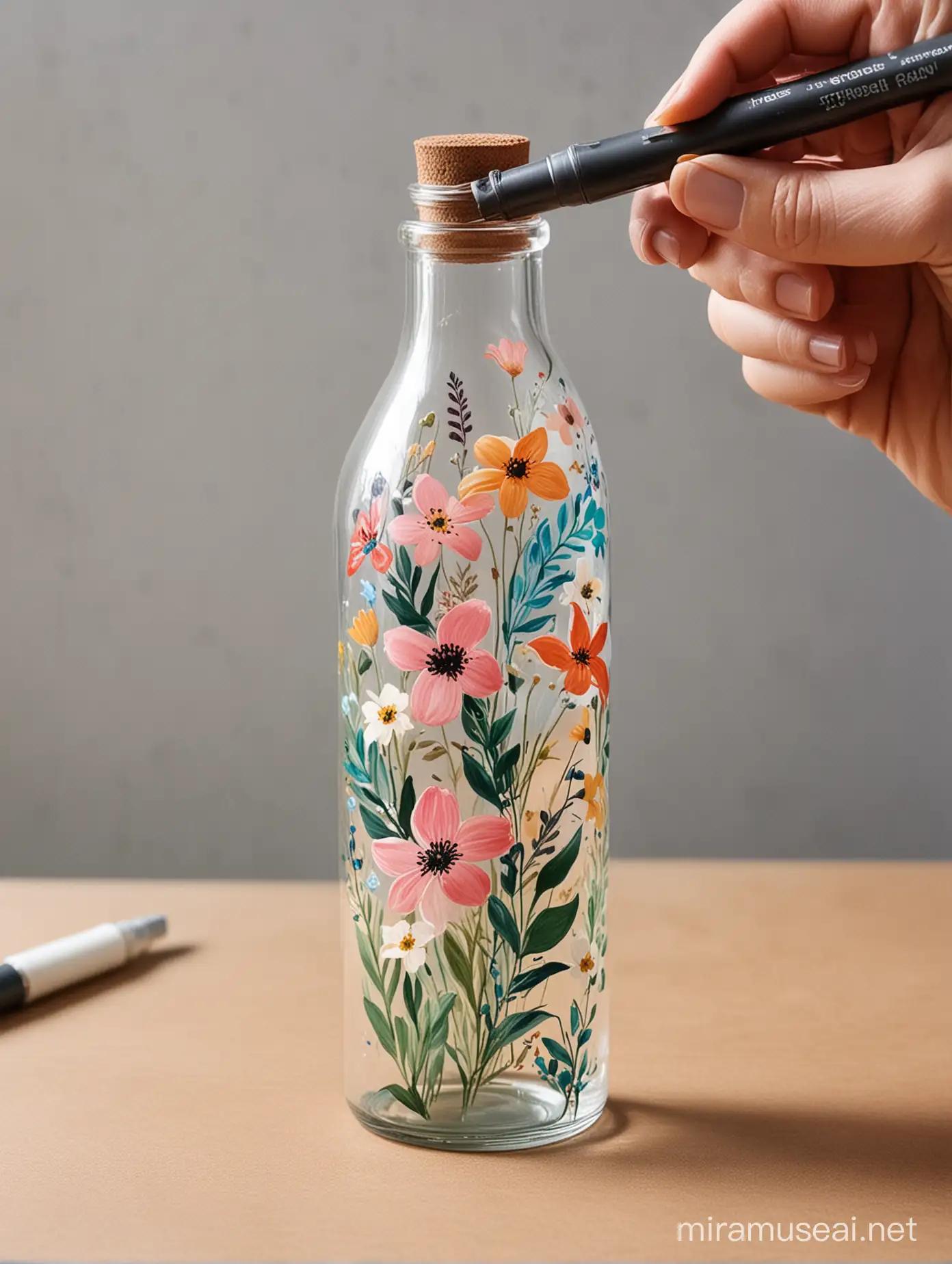 An artist painting a simple floral pattern on a glass bottle with acrylic paints 