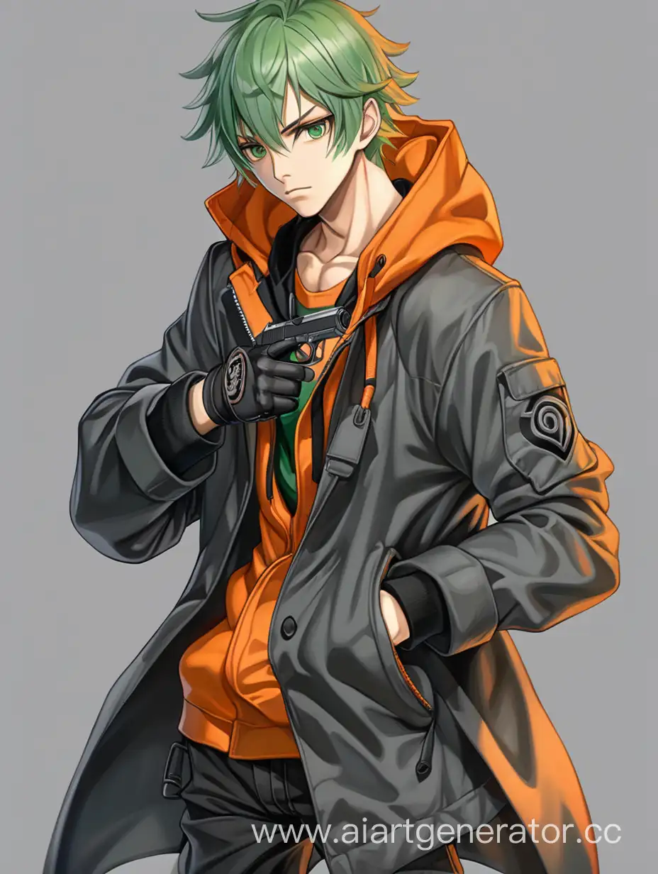 a man with green disheveled hair, green eyes, wearing a gray shirt and a black raincoat with an orange hood on his body, black trousers on his legs, a pistol in his hands, fingerless gloves on his hands. Anime style, lots of details