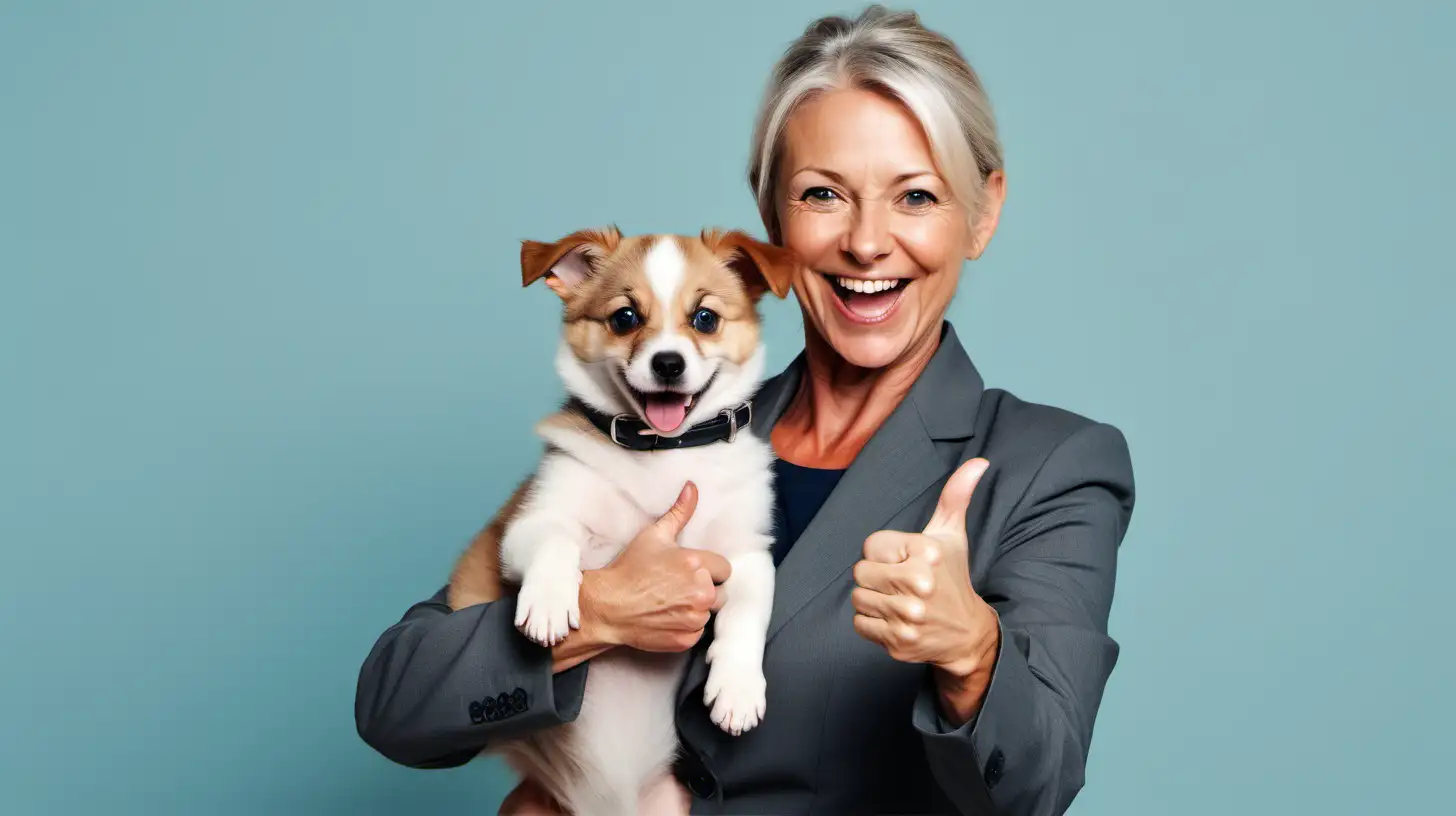 a middle age business woman holding a happy pup in her arms and showing a thumbs up