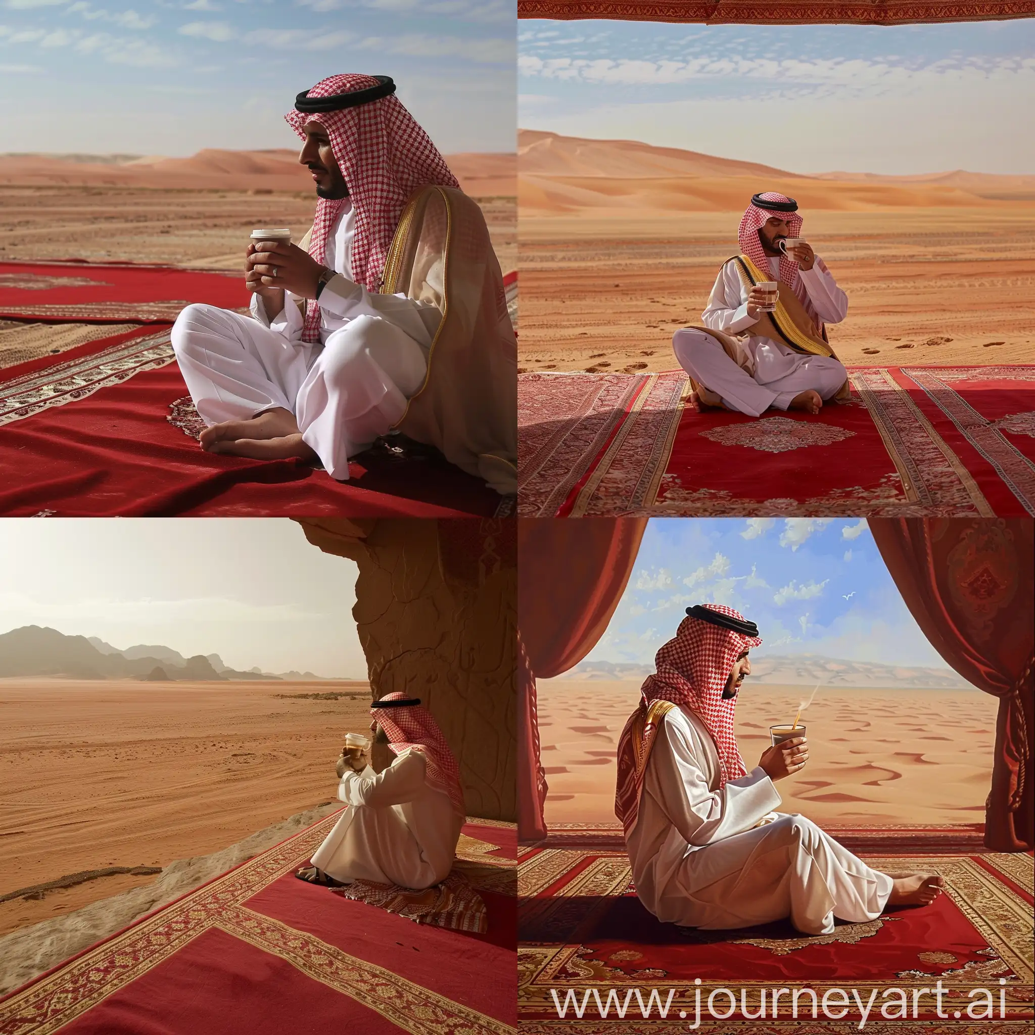 Saudi-Arabian-Man-Enjoying-Traditional-Coffee-on-Desert-Carpet