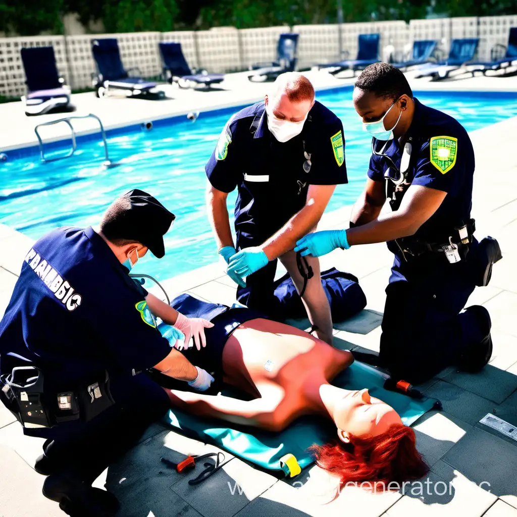 "A scene at a pool  with a team of paramedics attending to a medical emergency. One paramedic is performing CPR on a woman with red hair. The patient is lying on the ground, with her skin visible. The other paramedics are assisting or ready with medical equipment."