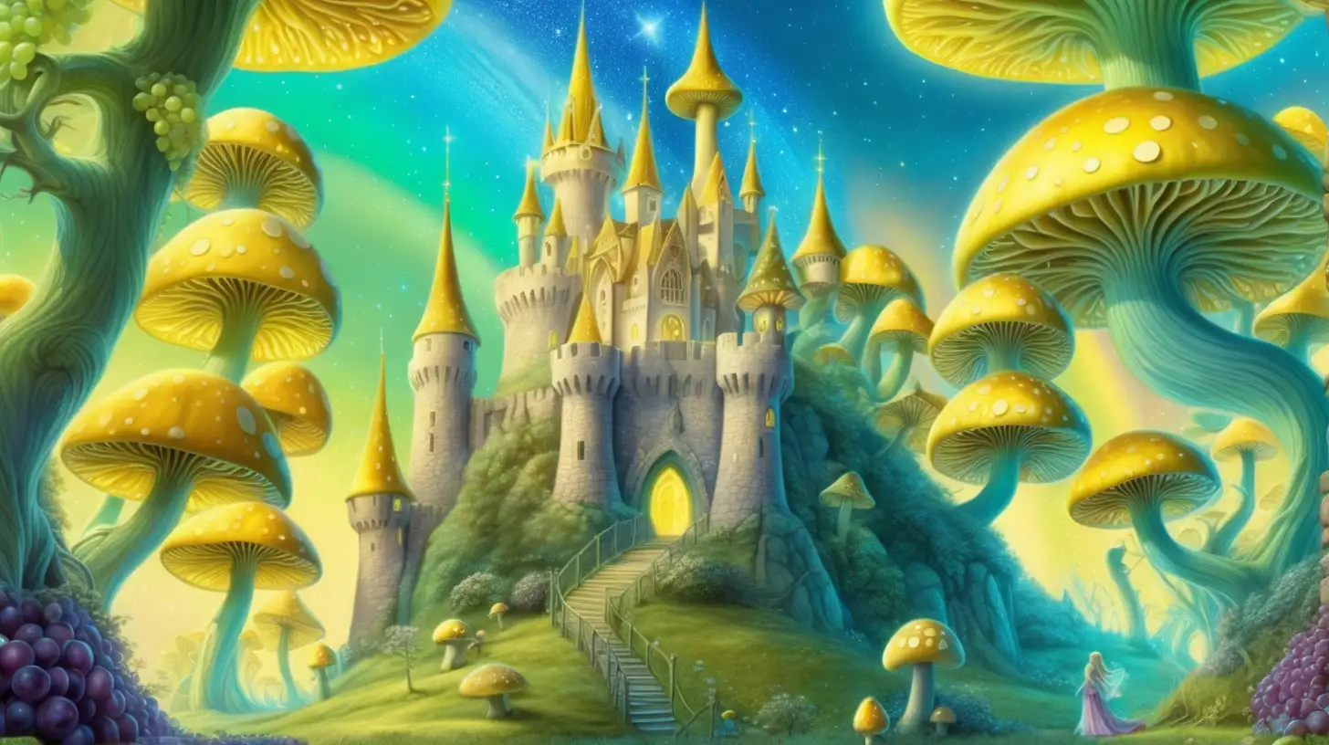 fairytale-magical grape trees -glowing-bright canary yellow-pastel green-sky blue forming a castle that shows outer space astroids and rainbow-mushroom garden