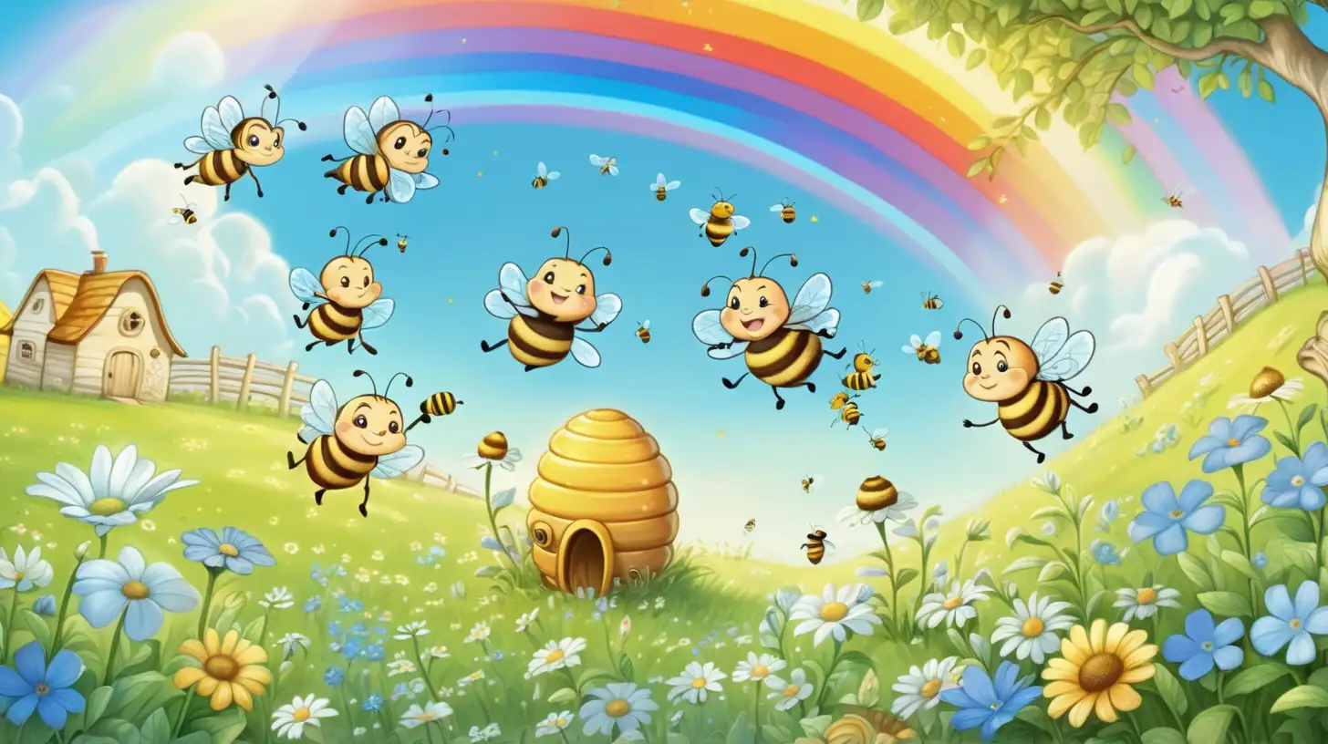 在一片绿地上生长着一颗颗蓝白色的小花，天边挂着一道彩虹，卡通的可爱的小蜜蜂在飞舞，弯弯的树枝上挂着一个可爱的额蜂巢