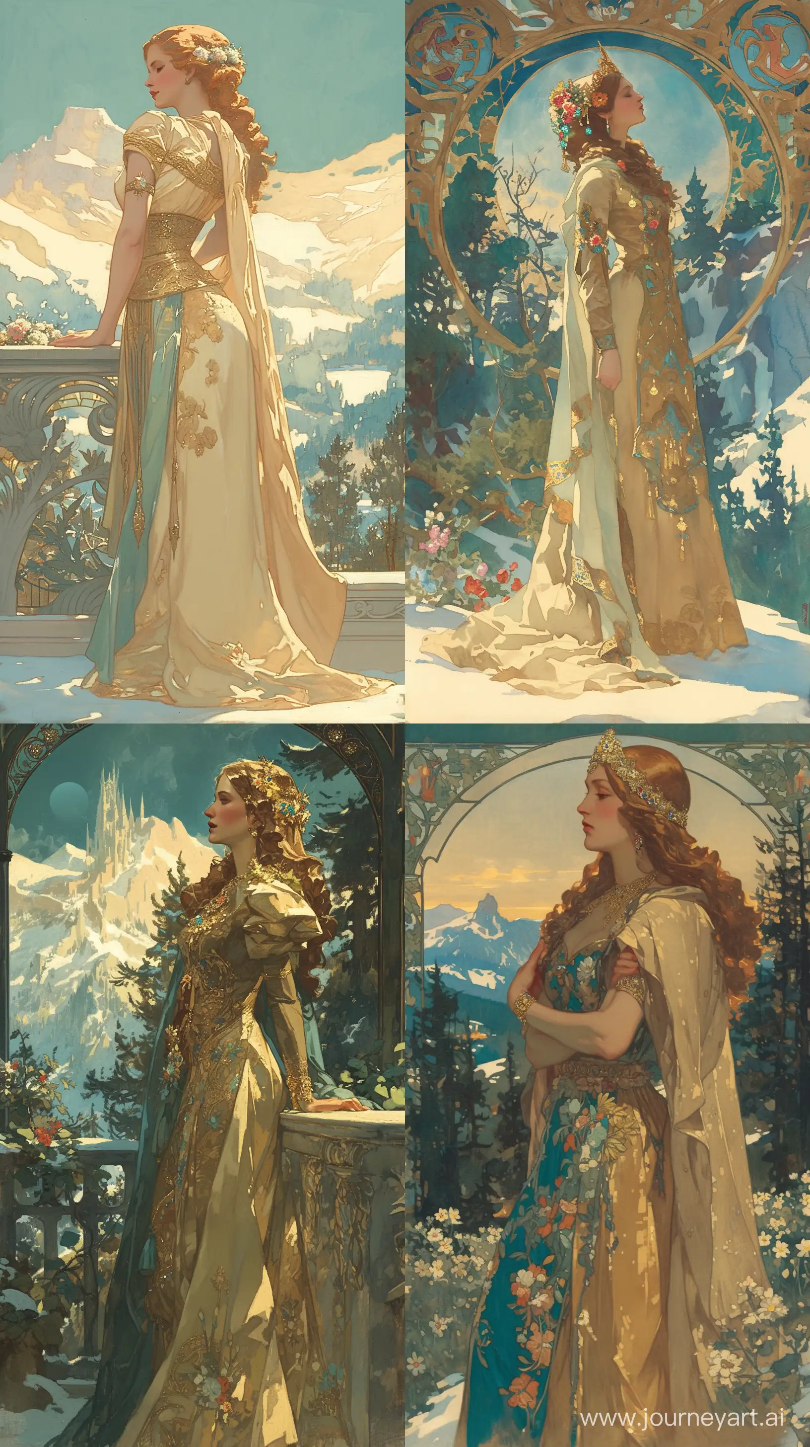 a painting front view full length portrait Beautiful woman in exotic gold and brilliant dress in sun light bless jewelry and flowers tiara looks at the snow up and green summer forest mountains and a heaven kingdom in back, in the style of romantic fantasy Earl Bowser and Alfons Mucha, detailed facial features, light gold hour, beautiful faces and cinema poses, enchanting realms, elaborate, i can't believe how beautiful this is --niji 6 --ar 9:16 --s 400
