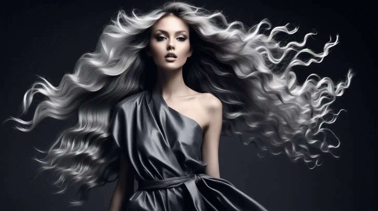Fashion Model with Luxurious Extended Hair in Elegant Charcoal Setting