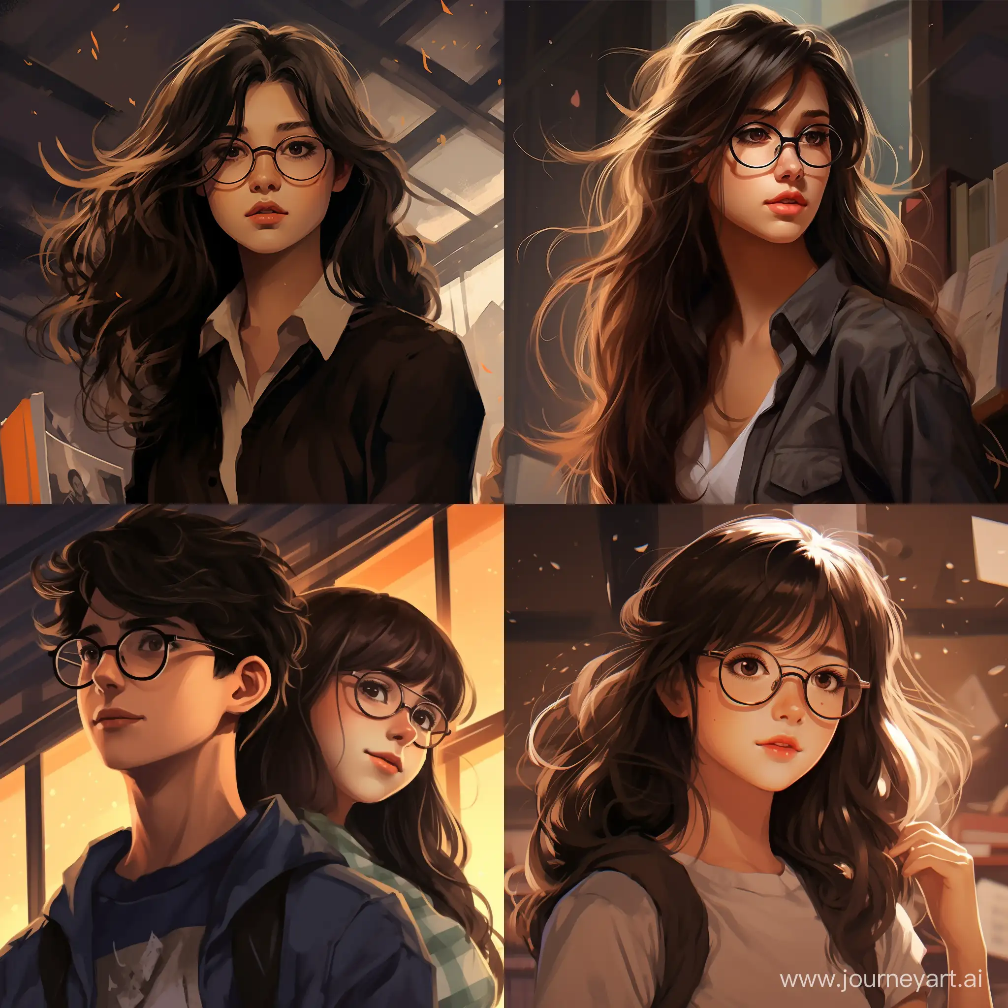 A pretty and popular girl with long brown hair, glasses, short stature, bangs, finally gets to the high school of her dreams and collides with the tall, dark-haired, glasses-wearing, handsome, popular bad boy of the school