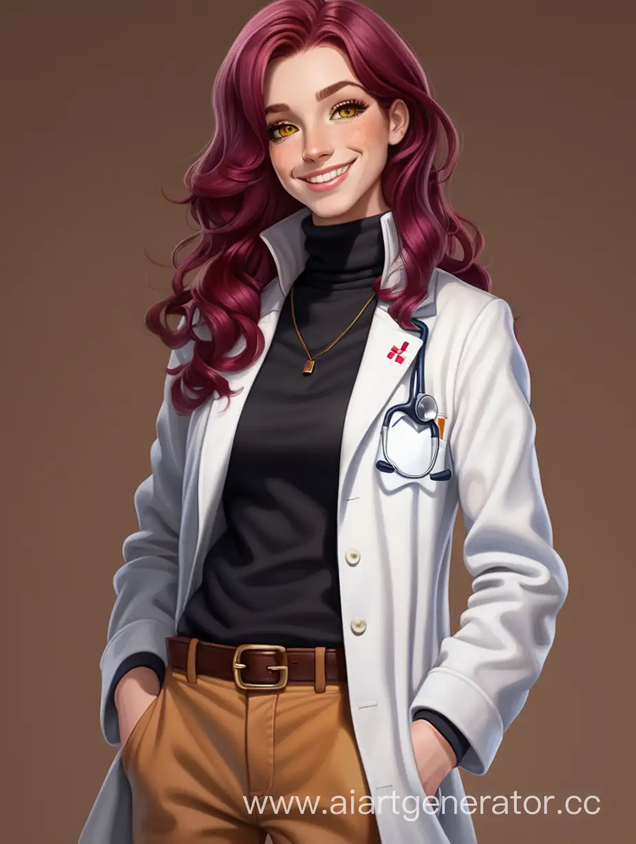 Elegant-Woman-with-Dark-Raspberry-Hair-in-CoffeeColored-Pants-and-Medical-Coat