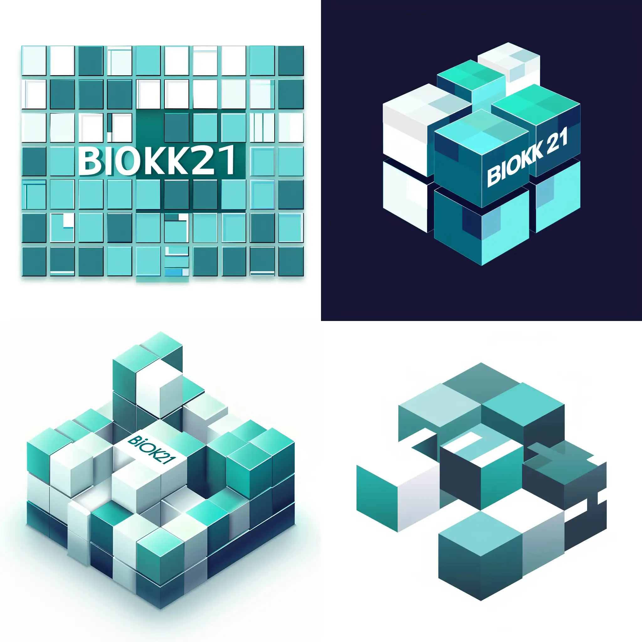 a logotype for a IT-company called "Block21" consisting of blocks in different shades of cyan and white. The logot should be 2 dimensional and look like its high end.