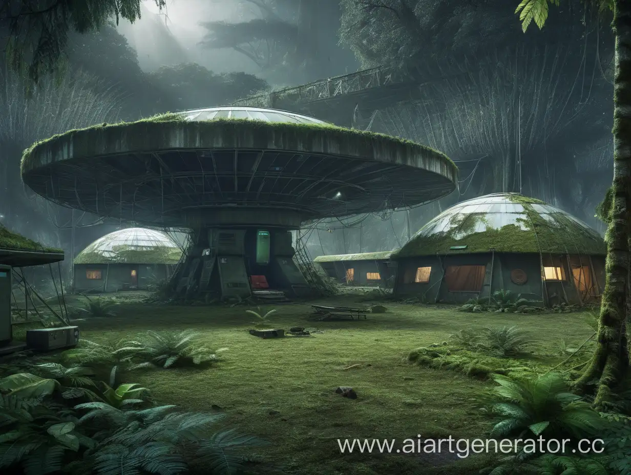 Sci-Fi camp, ruined, jungle, disk roof, moss, no people, few buildings, great parabolic antenna, many trees, many leafs, night, abandoned, dark