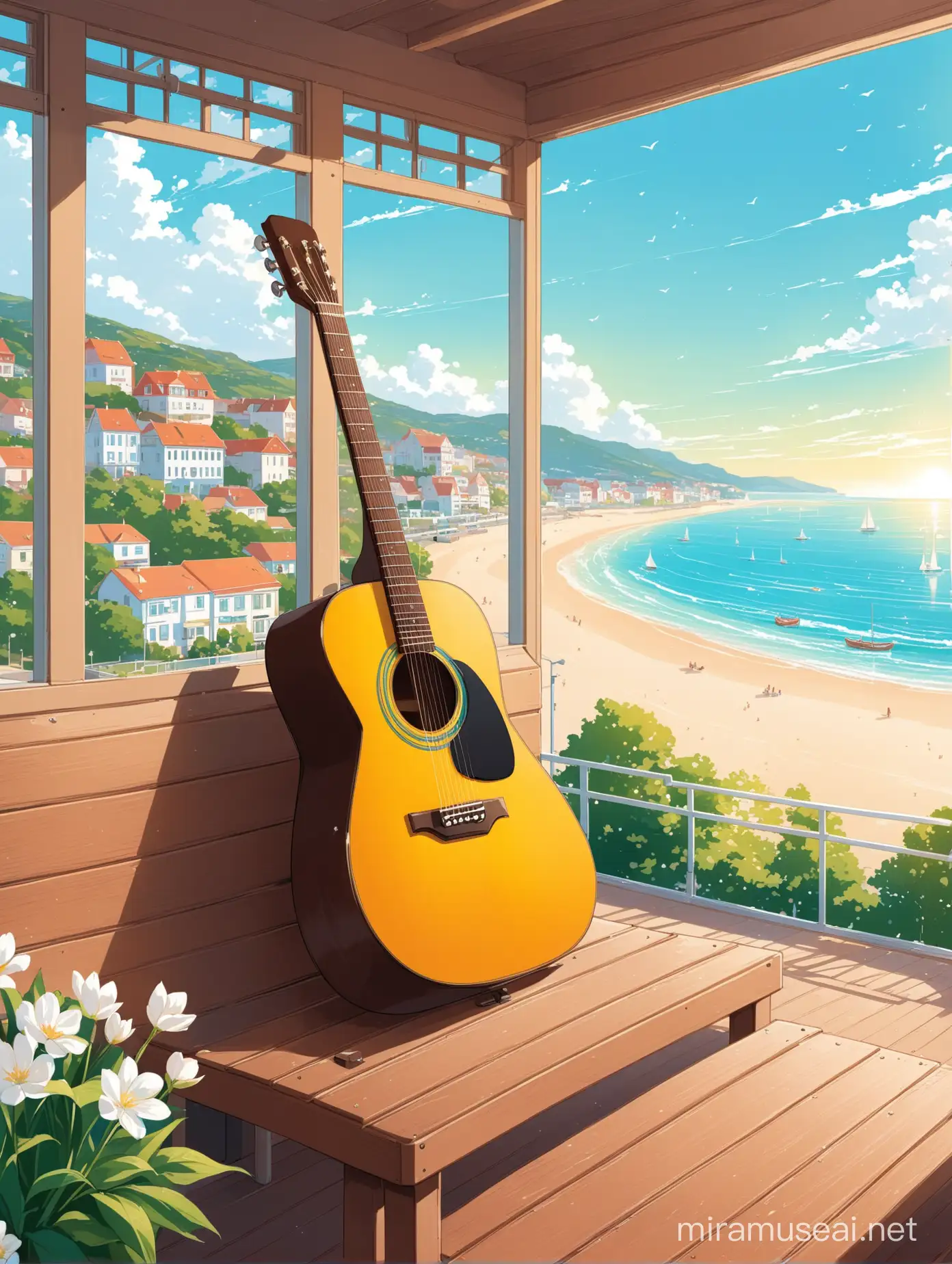 poster of a springtime guitar concert at music school, seaside town in the background, with no titles or any writings