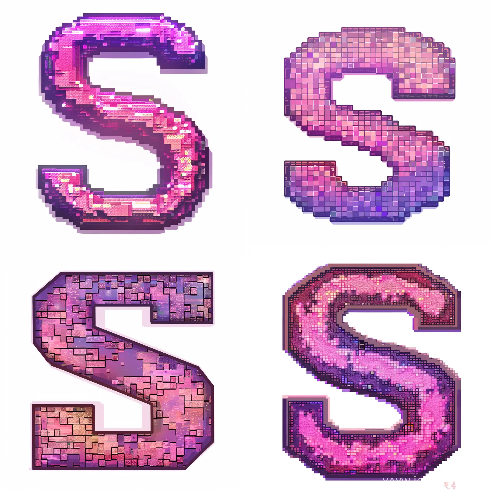 The letter "S" is 16 by 16 pixels, in the style of the minecraft game, in purple and pink tones.