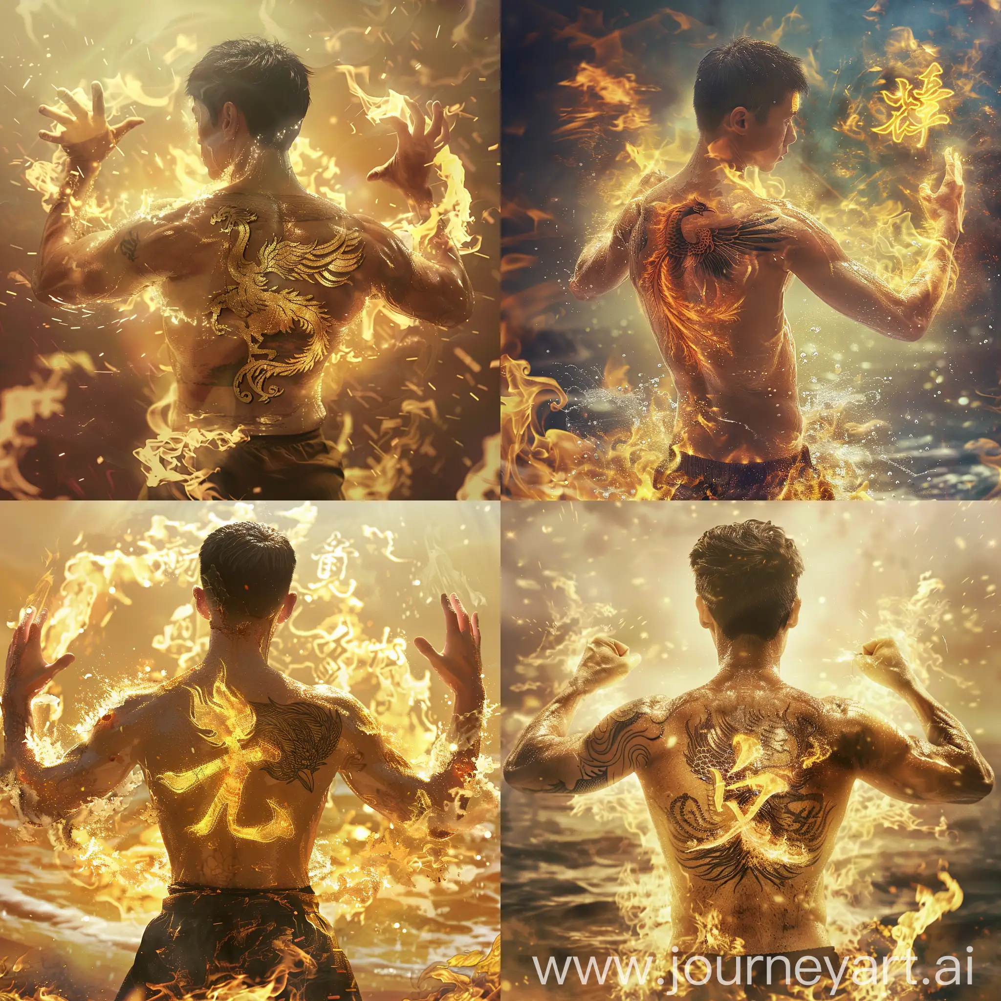 mj6 --prompt "A young Chinese martial artist, his skin glistening with sweat, his muscles rippling beneath his bronze skin. A phoenix tattoo adorns his back. He performs a gravity-defying [action word] in a sea of flames, his body wreathed in a golden light. He raises his hands, and from his palms bursts a torrent of fire, forming the Chinese character "火" (fire) in the air.". "action, cinematic, high-fantasy" --aspect 1:1 --v 6.0