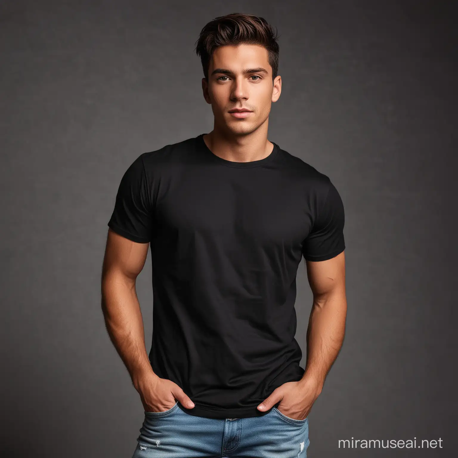 Create me male models wearing black t-shirts with backgrounds