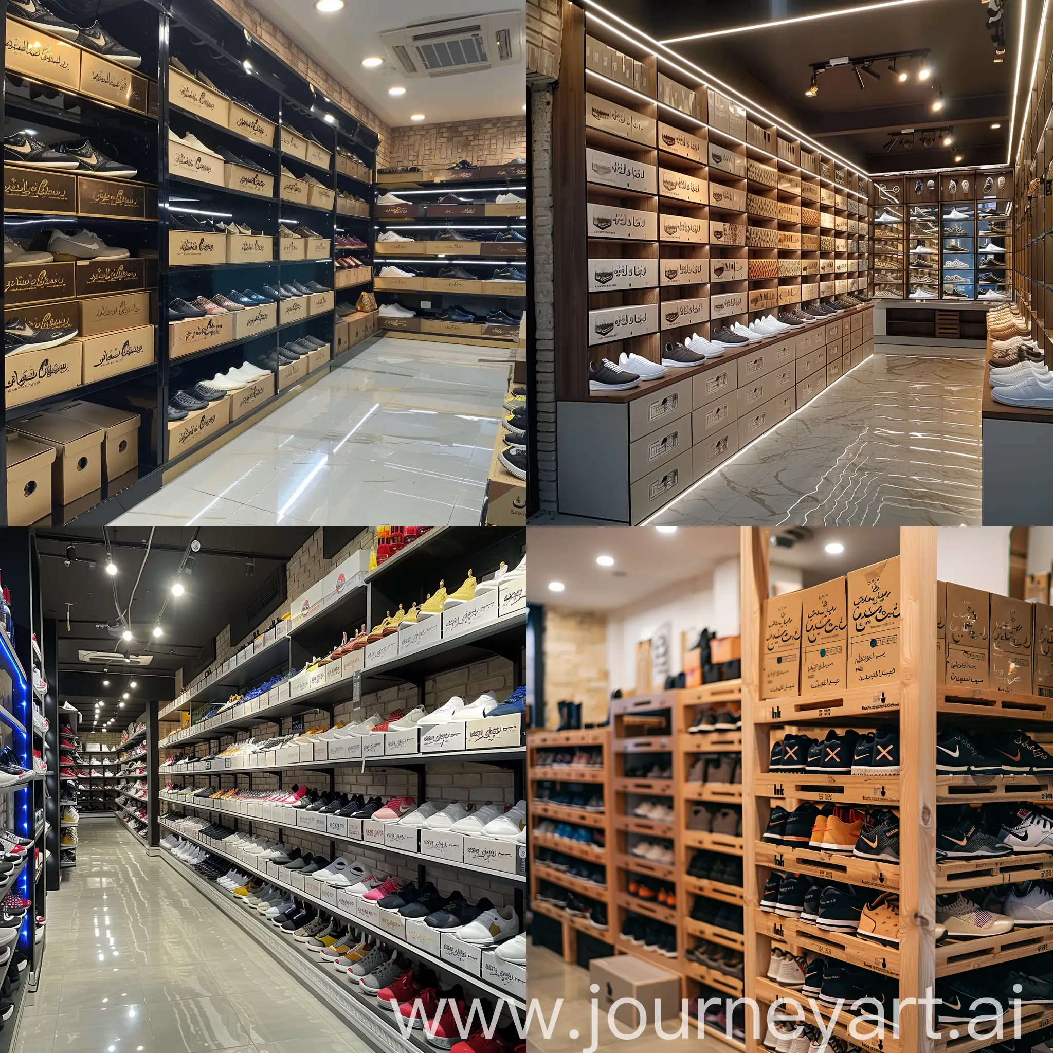 A sports shoe store  where the berand name of the in engraved all shoe cartons in  farsi  Attar center 