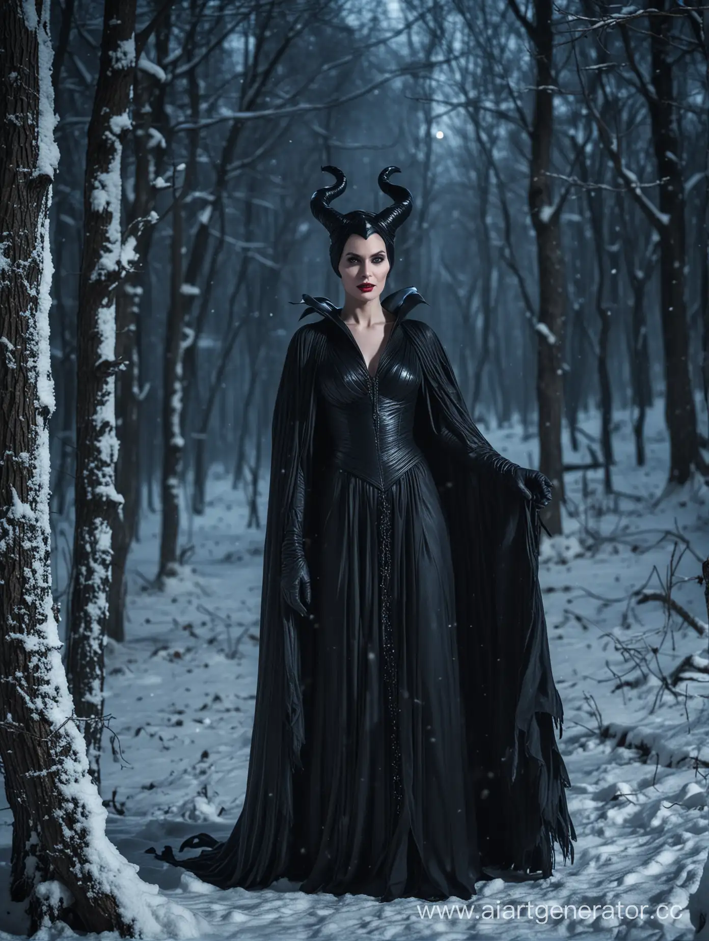 Maleficent-Stands-Majestic-in-Snowy-Winter-Forest-at-Night