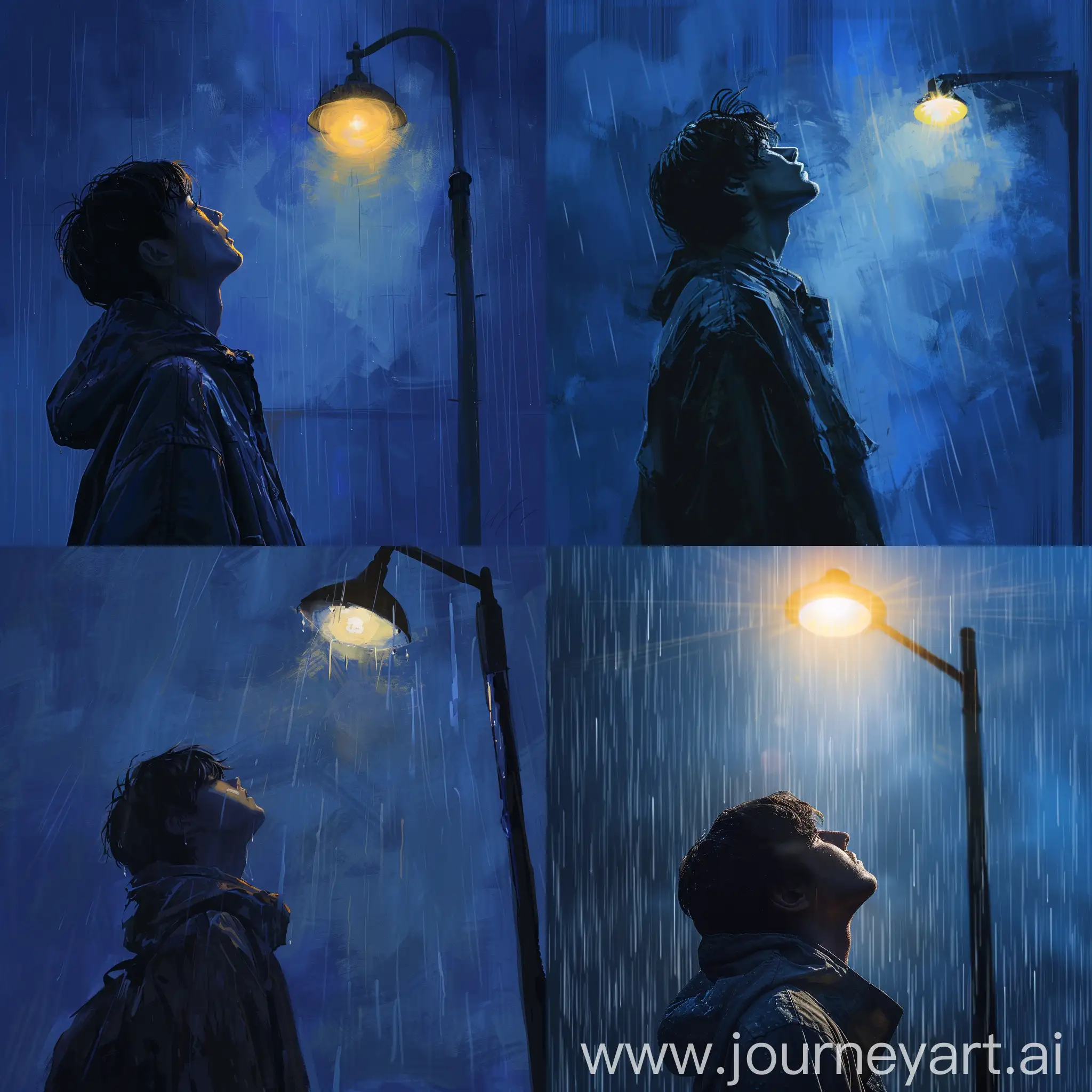 guy is standing in the rain, raised his head up and looks at the sky. the sky is dark blue, the light from the street lamp shines brightly on the guy’s face. the guy is wearing an oversized jacket.