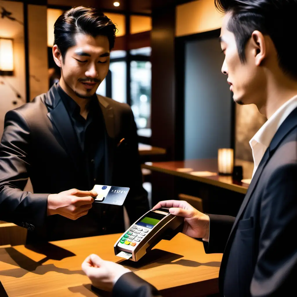 man paying with his credit card in a high end japanese restaurant with a waiter holding the pax payment machine