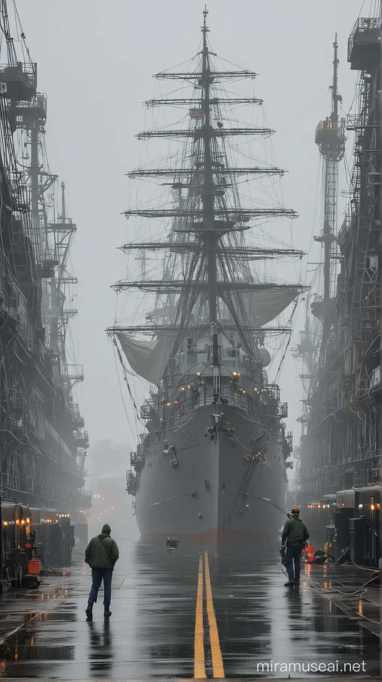On a grey and misty morning at the Philadelphia Naval Shipyard, the USS Eldridge, a warship, emerges amidst towering generators enveloped in a greenish light. The anxious facial expressions of the crew indicate that the experiment is about to commence.

