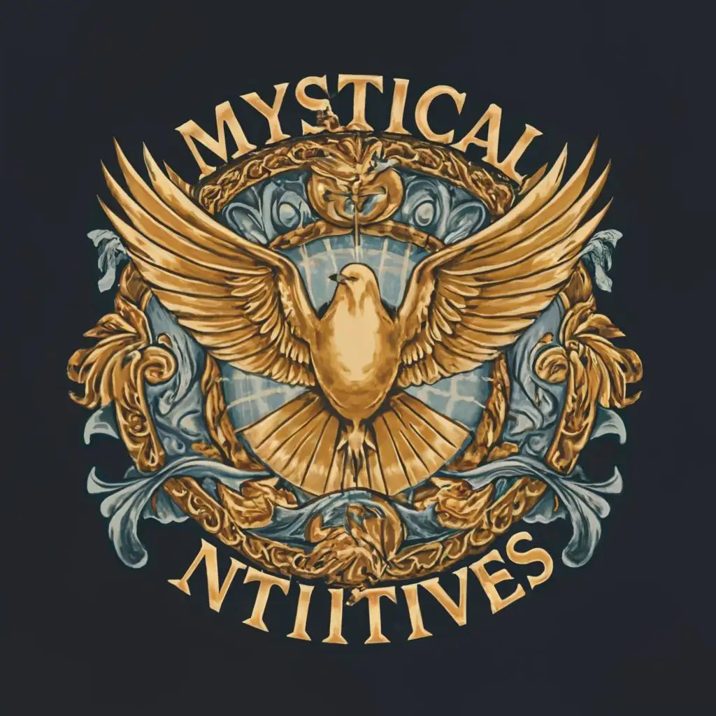 logo, A man looking up and a dove giving power, with the text "Mystical Initiatives", typography