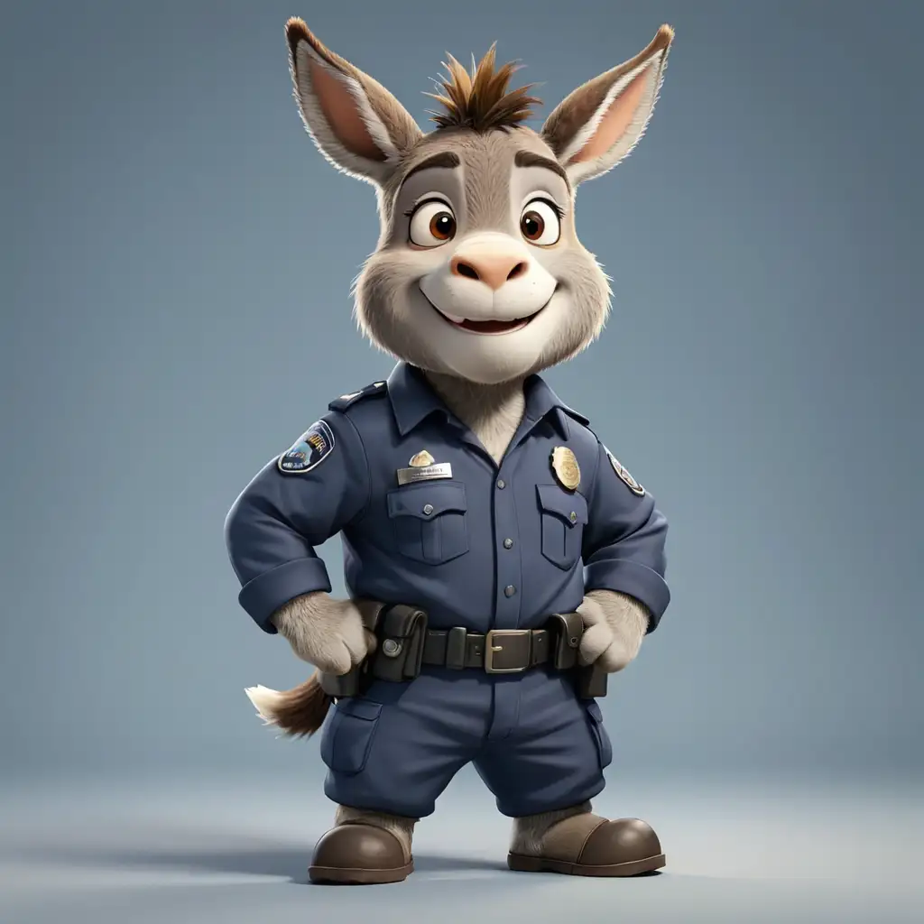 Cartoon Donkey in FullBody Police Uniform on Clear Background