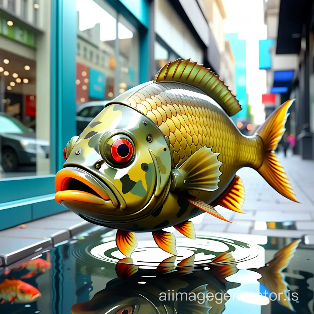 a crucian fish swims along the street of a big city, bright shop windows, the fish has a military helmet on its head. camouflage fins