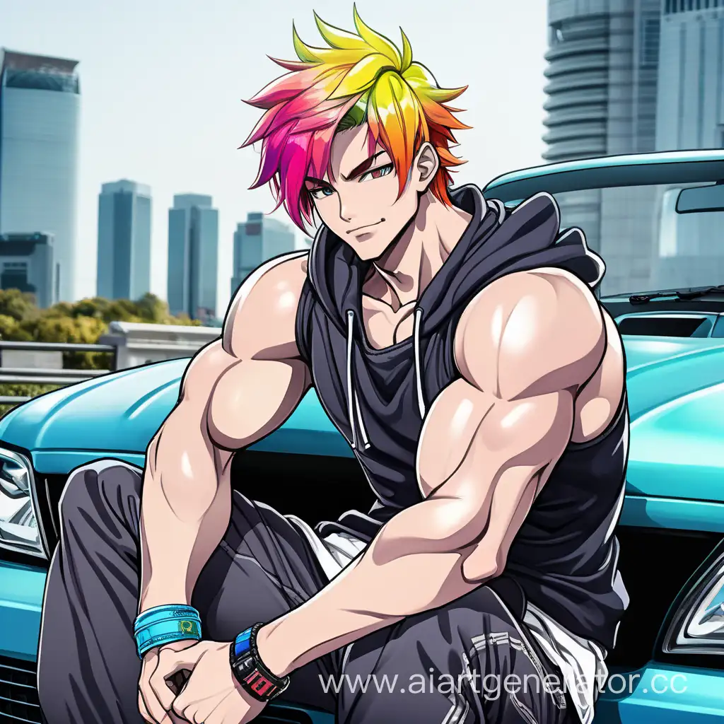 красивый подкаченный парень с цветными волосами сидит на капоте в аниме стиле