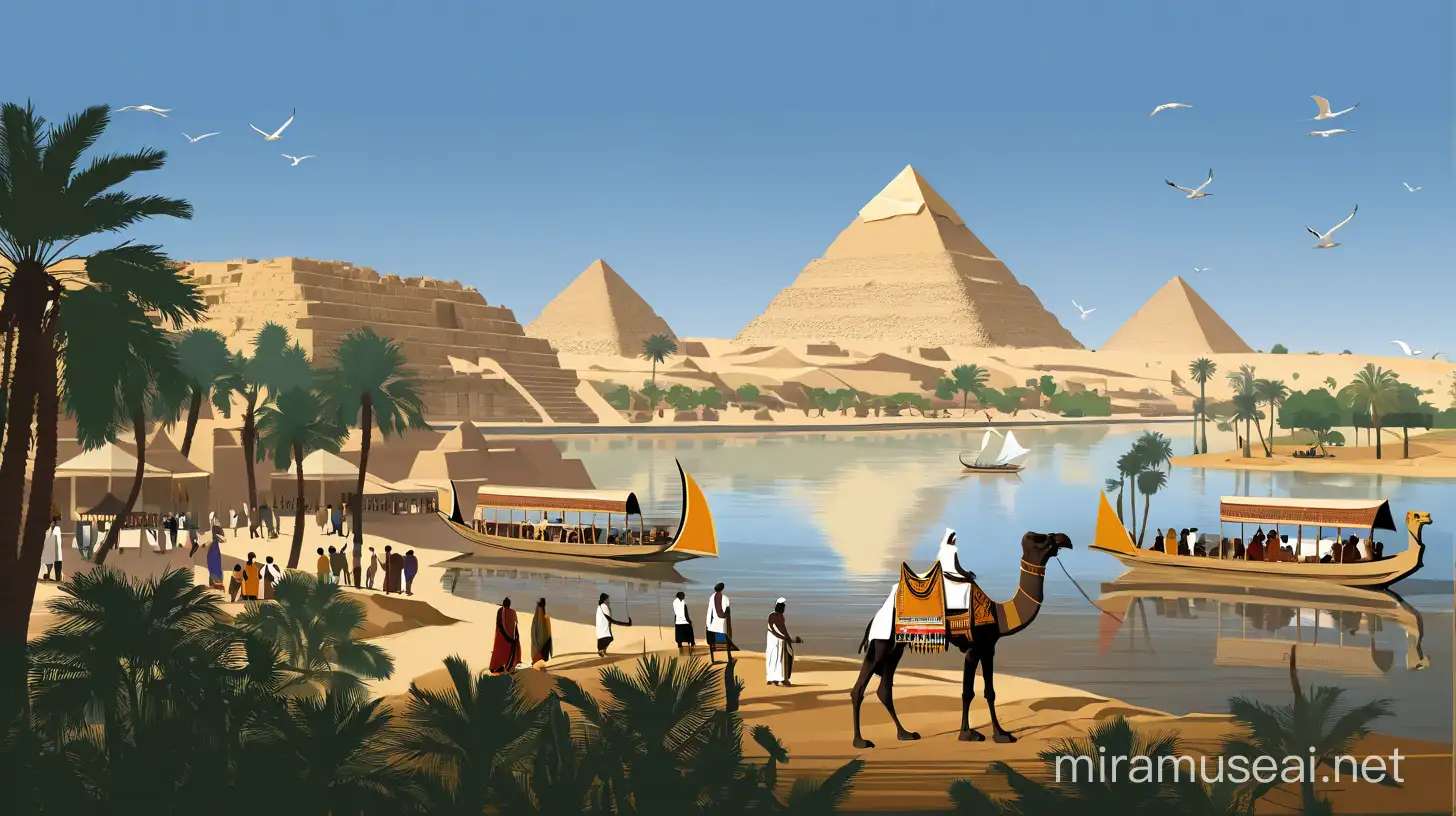 Ancient Giza Recreation Sphinx Pyramids and Temple of Khufu with Ancient Egyptians and Camels