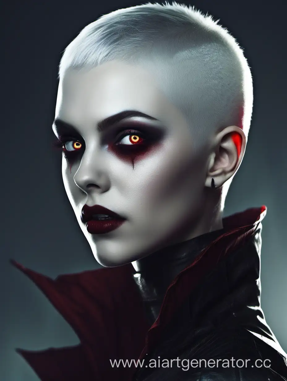 vampir; female; gray hair; buzz cut hairstyle; green eyes; red sclera; pale skin; 