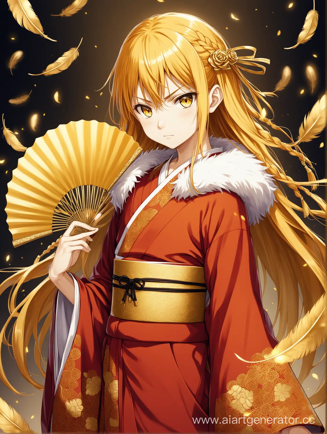 Toaru Majutsu no Index, Aiwass, young handsome teenage boy, with long golden hair, bright golden eyes, red kimono with gold embroidery in the form of gold roses, a fur cape, long wide sleeves with gold patterns, Japanese shoes, a beautiful fan with feathers, hair braided.