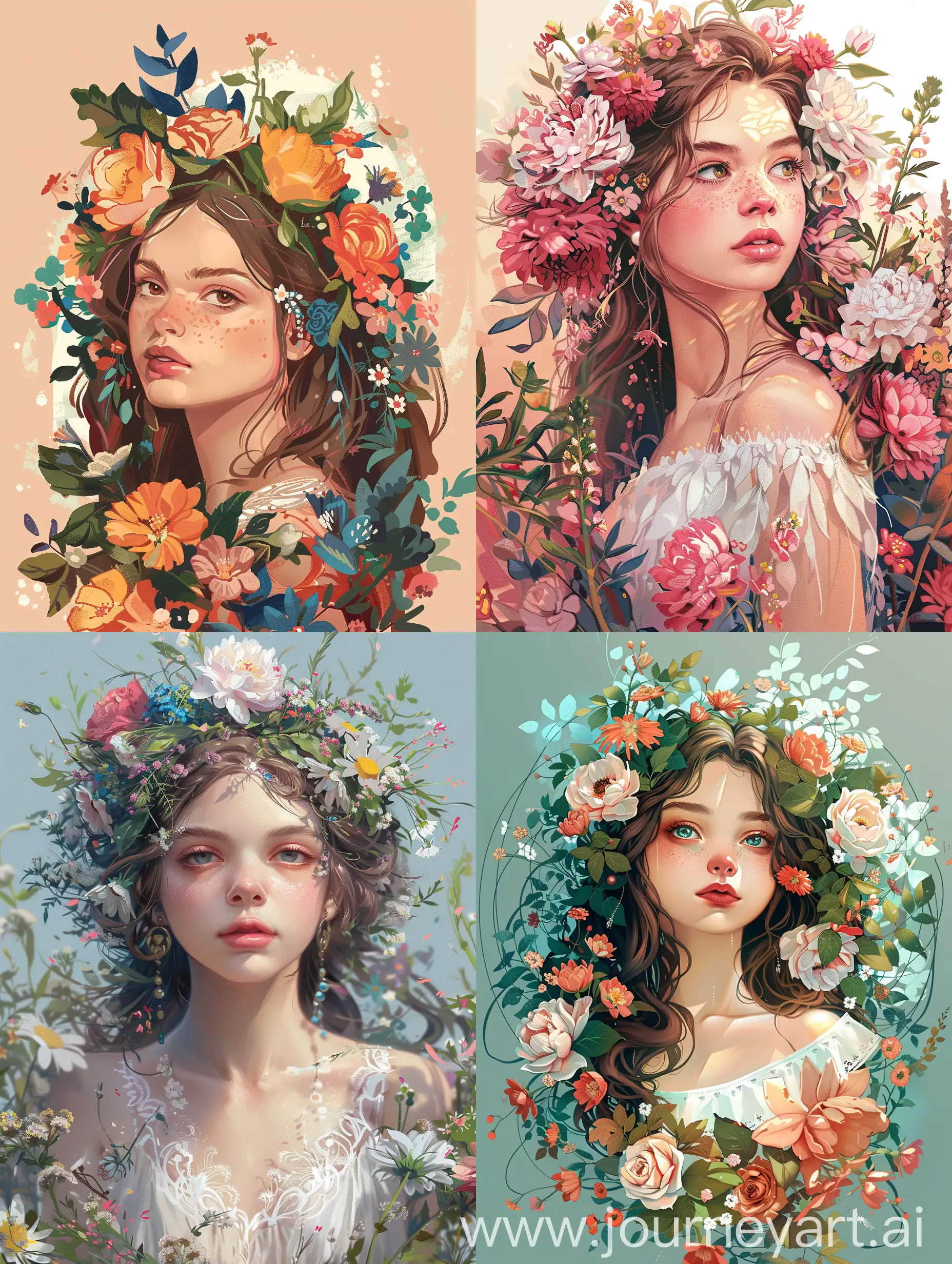 Illustrate Lada, the Slavic goddess of beauty and love. Craft an image of a young woman adorned with flowers and exuding an aura of harmony and affection