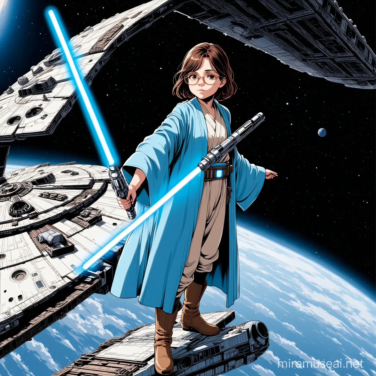 12 year old girl, short brown hair, rose gold glasses, brown eyes, holding lightsaber, wearing pale blue jedi robes, boots, standing on top of the millennium falcon, in space