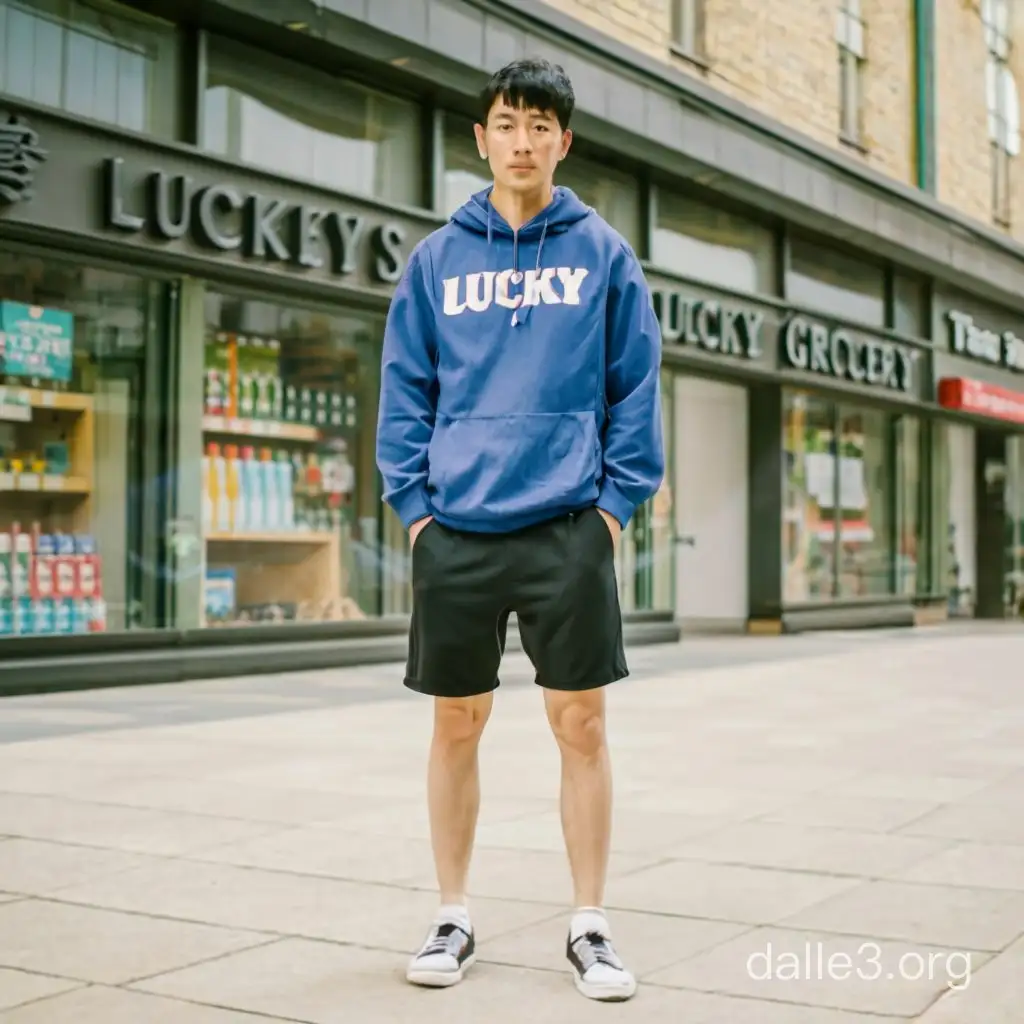  The photo portrays a gentleman in his early 30s, who appears to be of American Chinese descent, sporting a trendy bang men hairstyle, a blue Balenciaga hoodie, black shorts, and white Adidas sneakers. He carries Lucky grocery bags and a matching Fendi bag, complementing his stylish ensemble. The background showcases fascinating street art with elements from The Sun and Ace of Pentacles tarot cards, adding to the charm of the photo.