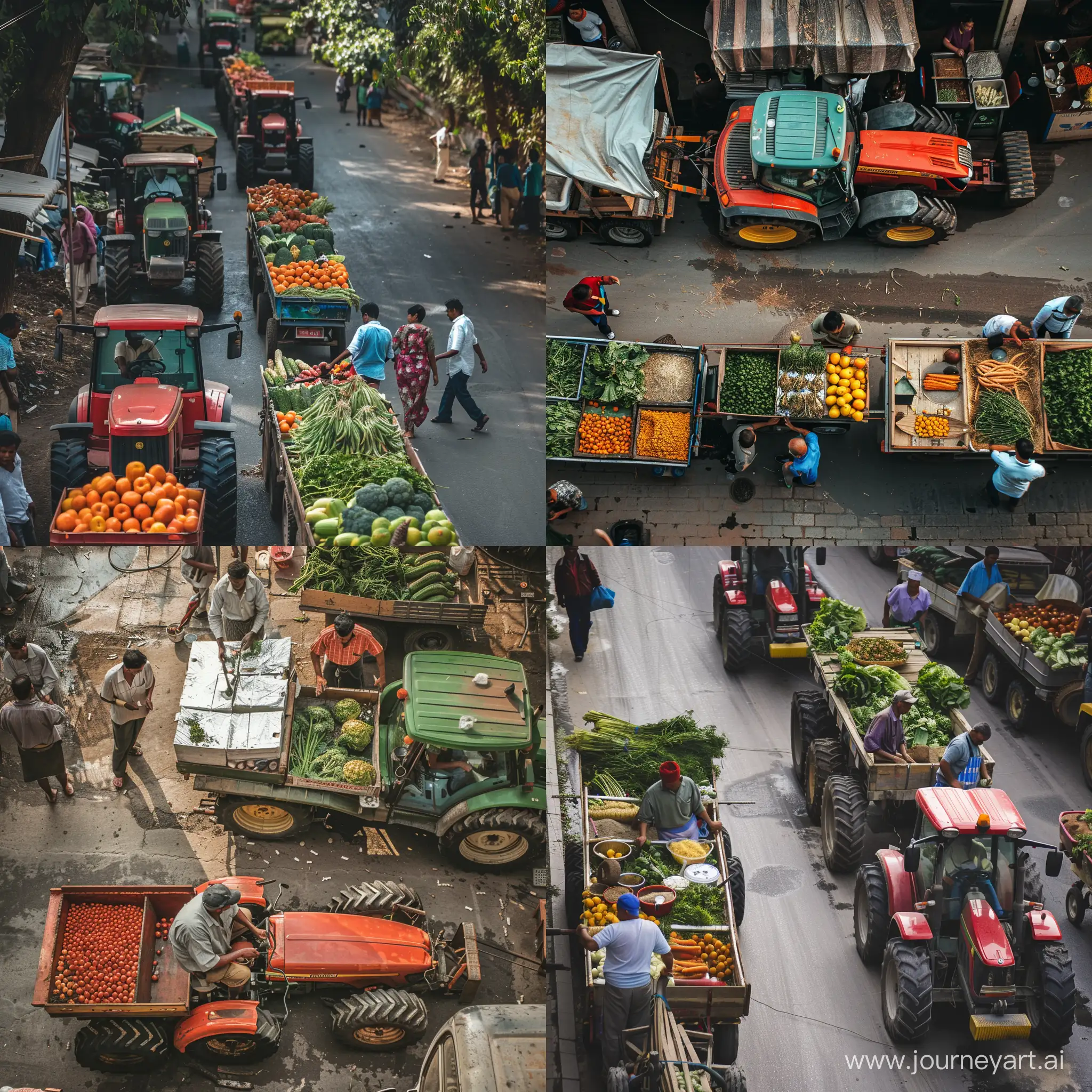 Tractors farmers trolley people Street food