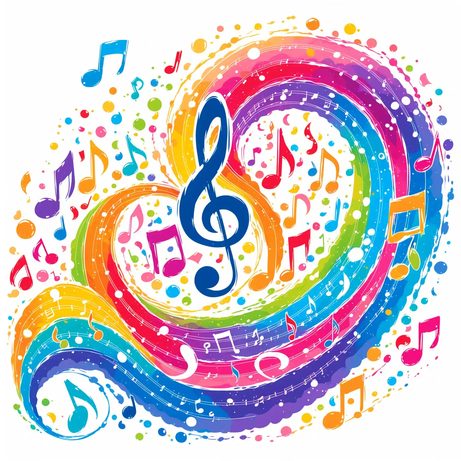 Cartoon multy-coloured music stave in a wavy fancy manner with Bass clef and coloured notes on it. Background is white with coloured clouds and splashes