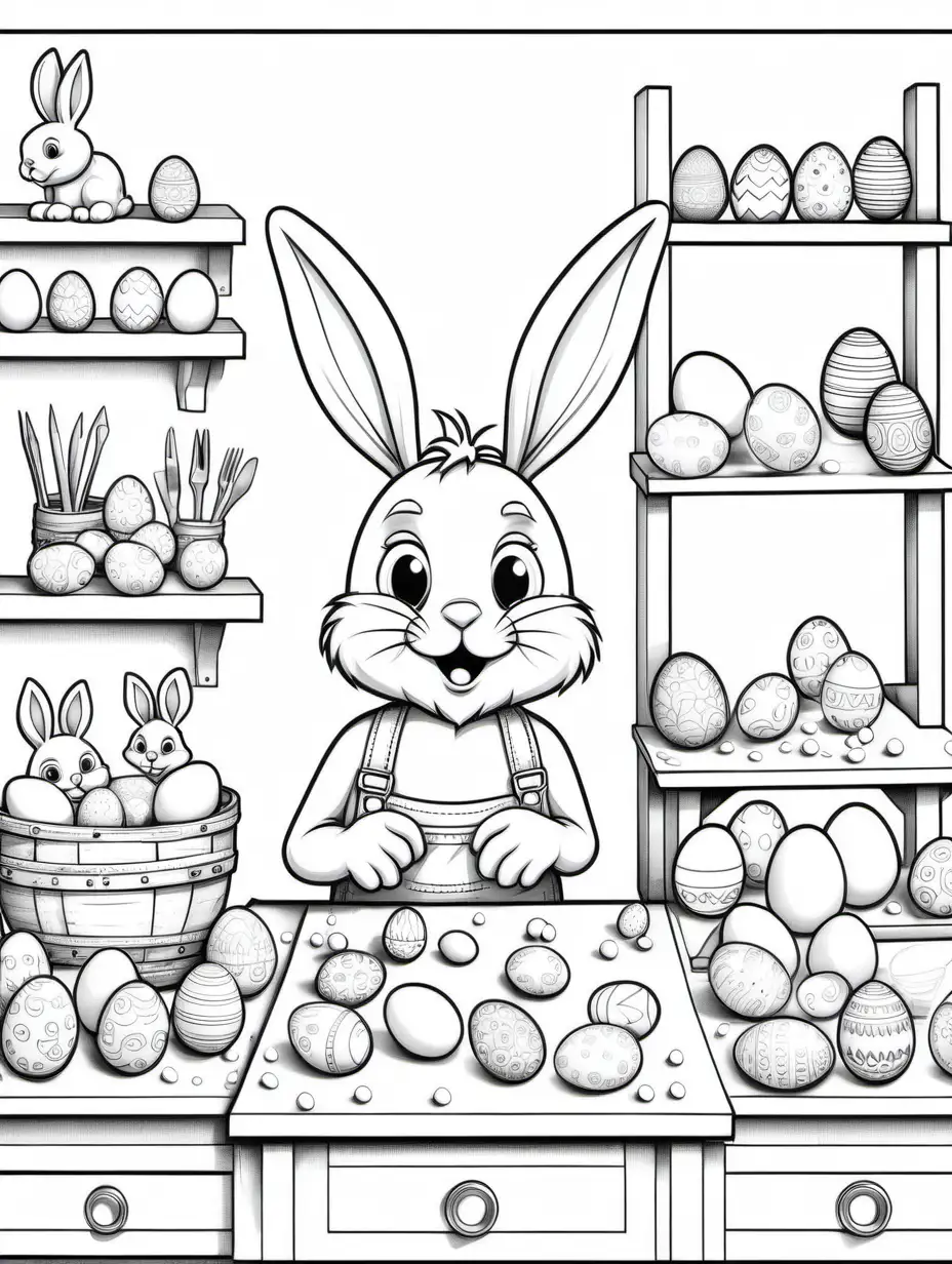  easter bunny's workshop with little eggs to decorate all eggs, has decorations on workbench, age 6-9 story, minimalistic, with detailed illustration, black and white coloring page, white background, ---ar 2:3