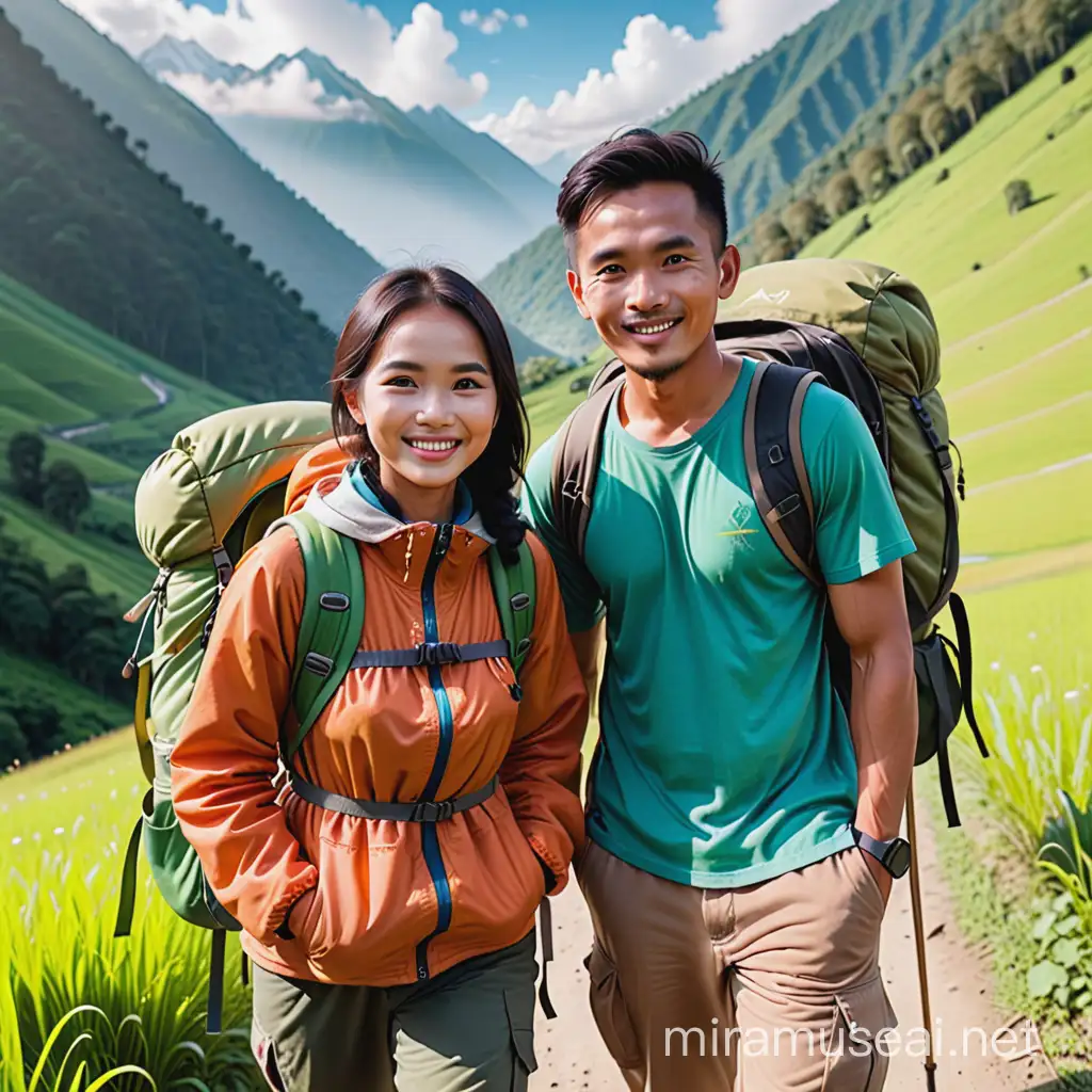 Foto sepasang kekasih mudah umur 20 tahun asal indonesia,style pendaki gunung,lengkap dengan ransel dan alat lainya,sedang berjalan bareng di daerah pegunungan yang sangat hijau dan memukau.
View dari depan terlihat tersenyum dan romantis
