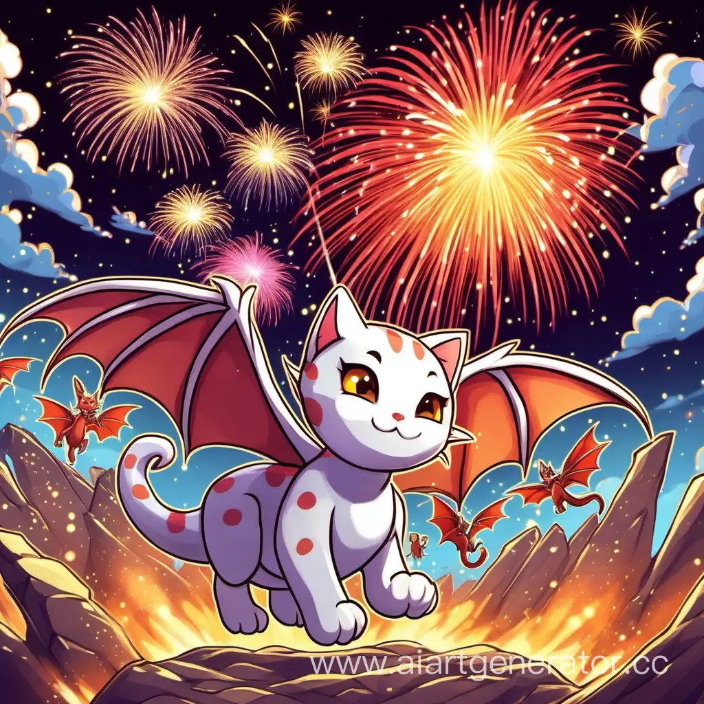 Whimsical-Scene-with-Grounded-Kitty-Soaring-Dragons-and-Dazzling-Fireworks
