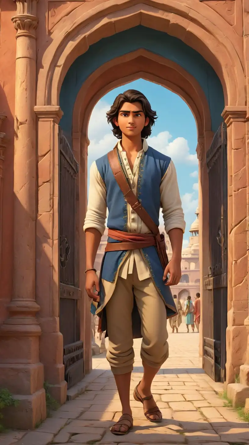 Create a 3D illustrator of an animated scene where a 18th century a young man, with Indian skintoned is standing in front of a very huge opened entrance gates of around 50 feet height of the kingdom. Beautiful colourful and spirited background illustrations.