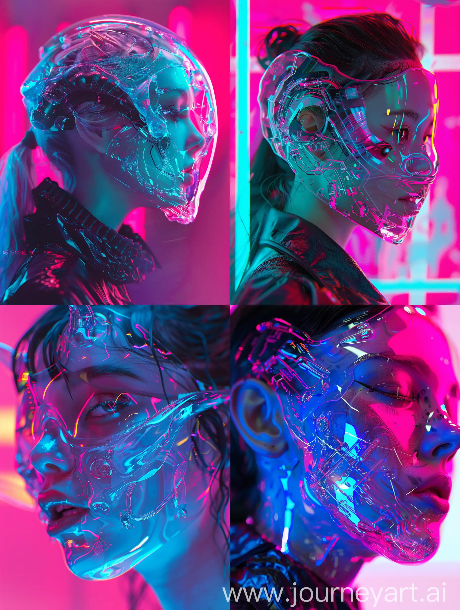 Futuristic-Cyberpunk-Woman-with-Translucent-Glass-Demon-Mask-in-Neonlit-Cityscape