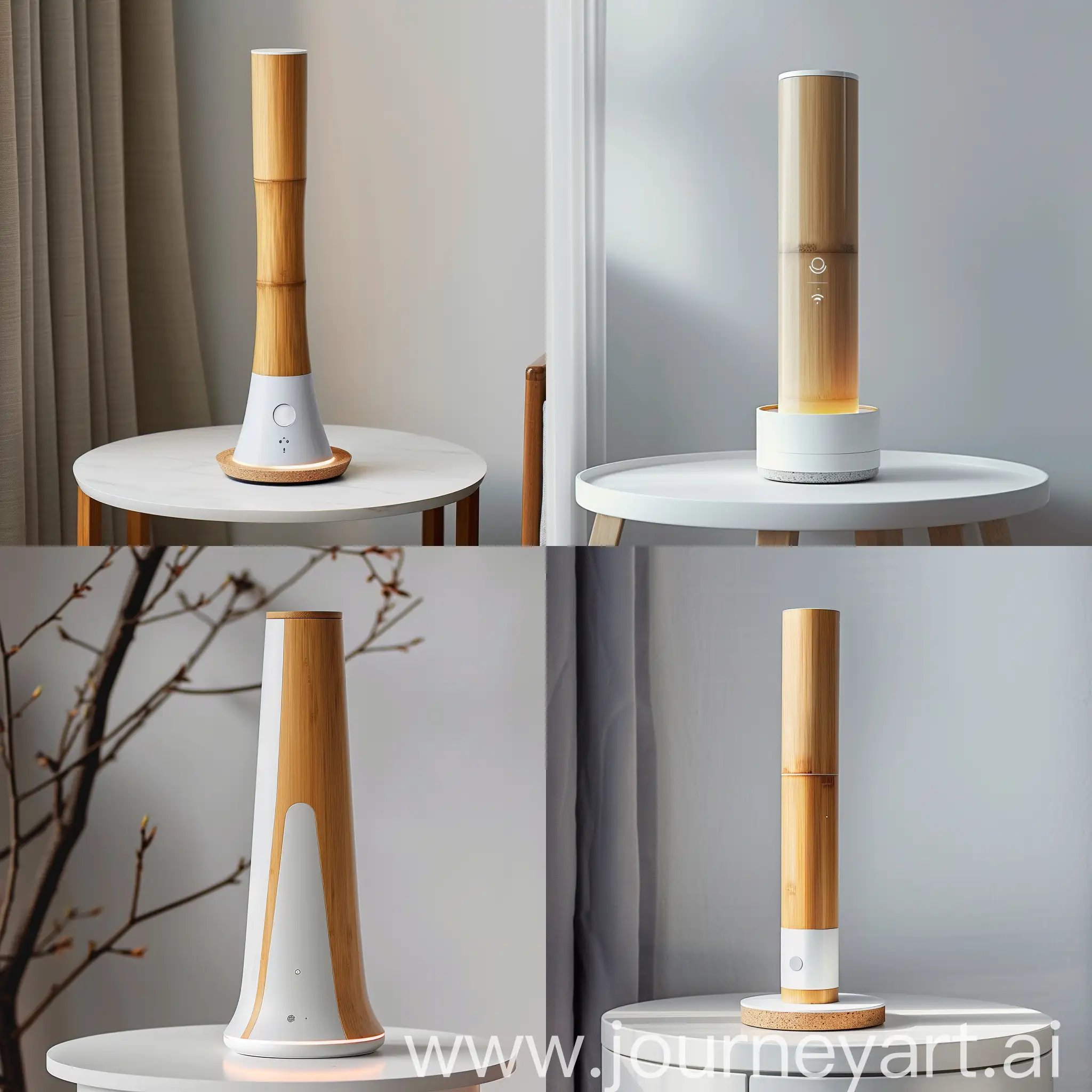Visualize the Zenith Energy Gateway inspired of zen garden bamboo form,its base is crafted from sustainable bamboo, offering a warm, natural aesthetic that speaks to eco-friendliness. The body, made from recycled plastics, shines in a pristine white or soft light gray, designed to complement any smart home decor with its understated elegance and structure as a pinnacle of smart home energy management, blending modern design with environmental consciousness. This device embodies minimalism with its sleek, vertical silhouette, slightly tapered at the top for a subtle dynamic edge. Standing 30 cm tall with an 8 cm circular base diameter,The Zenith Energy Gateway features discreet, soft LED lighting at its base and edges, providing ambient illumination and notifications in a sophisticated manner. This lighting enhances the device's futuristic appeal, creating a visual connection between the device and its smart home environment.Designed to be both a functional energy management hub and a statement piece of technology, the Gateway stands on a minimalist side table or is mounted on a clean, white wall, integrating seamlessly into the smart home aesthetic. Its form factor and material choice symbolize a commitment to sustainability, innovation, and design excellence, aiming to resonate with modern homeowners who prioritize eco-conscious living without compromising on style.The image should capture the essence of the Zenith Energy Gateway in a contemporary setting, highlighting its role as an elegant, technologically advanced, and environmentally friendly addition to the smart home.product design style