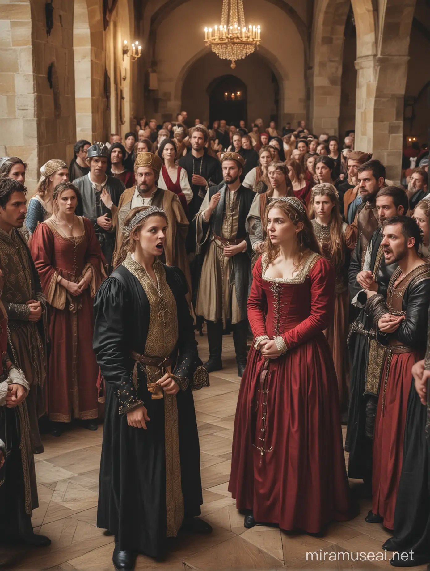 Angry people in medieval attires, gathered at a ball room