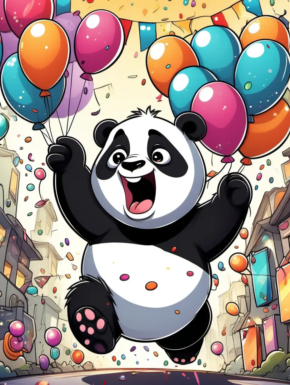 a really fat and round and cute and furry, excited cartoon panda in a crazy party environment with balloons, streamers and drinks