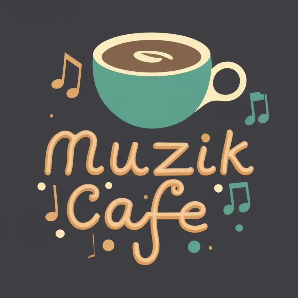 logo, Coffee mug, music score, with the text "Muzik Cafe", typography