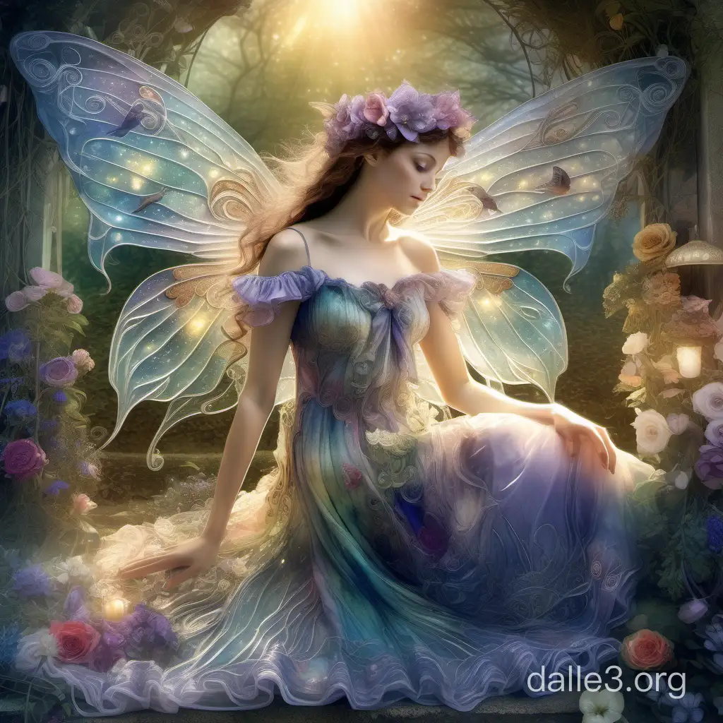 In the style of Josephine Wall, in the enchanting garden, a Gentle Fairy of watercolors in full height in a semi-transparent lush dress made of delicate chiffon airy ribbons and bows, pearl filigree wings of the fairy, birds flowers trees, dark hair, curly beautiful girl, iridescent glitter smoke in the rays of the sun, mystical veil, lights hung in the air, ultra-microdetailed, ultra-photorealistic, 128k,